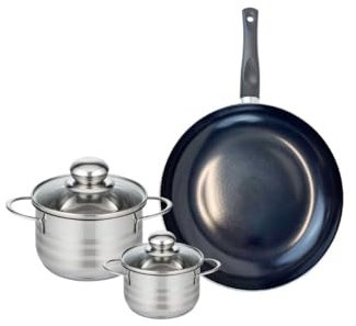 ELO 9716150 Kochgeschirr-Set, 3-teilig, 1 Bratpfanne 28 cm und 2 Kochtöpfe 12 und 16 cm Elo Prima glänzend, Edelstahl, Induktion