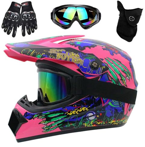 Motorradhelm, DOT-Zertifizierter Integralhelm für Dirtbikes, für Kinder, Jugendliche und Erwachsene, Motocross-Helm Mit Maske, Schutzbrille und Handschuhen(Pink Claw,L(56-57cm))