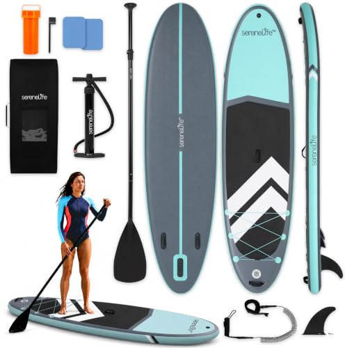 SereneLife 11’ Inflatable SUP - Pet-Friendly Stand-Up Paddle board for Adults and Pet Ride Alongs - 35” Wide Stable Design with Non-Slip EVA Deck Pad, GoPro Mount and SUP Accessories, 440 lbs Capacity