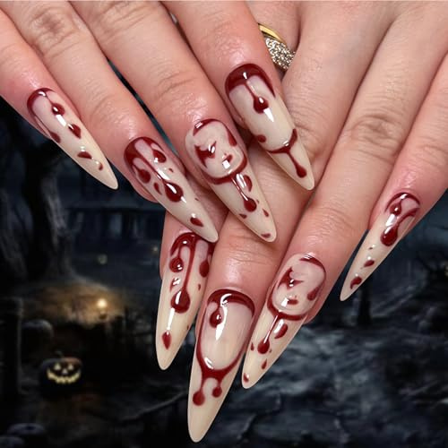 Viugex 24Pcs Halloween Press on Nails, Long Almond Fake Nails, White False Nail with Scary 3D Blood, Removable Stick on Nails, Full Cover Acrylic Nail Kit for Women Girls Holiday Decoration