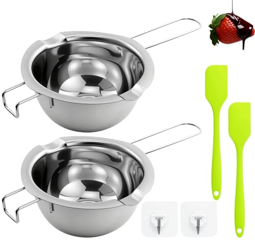 Set di 2 ciotole per sciogliere il bagnomaria, 500 ml, in acciaio inox, con 2 spatole in silicone per burro, cioccolato, formaggio, caramello, candele