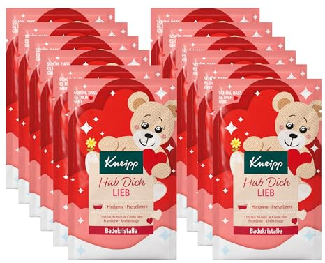 Kneipp Badekristalle Hab dich lieb - Badezusatz mit hochwertigem Himbeerextrakt & pflegendem Preiselbeeröl - Multipack - 12 x 60g