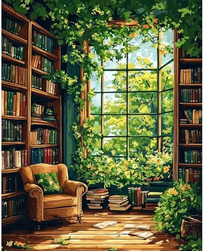 QENSPE Paint by Numbers for Adults - 16x20 Inch Bookstore Paint by Numbers Canvas Kits for Students Beginner Without Frame, Plants Acrylic Oil Painting DIY Craft for Gift Home Wall Decor
