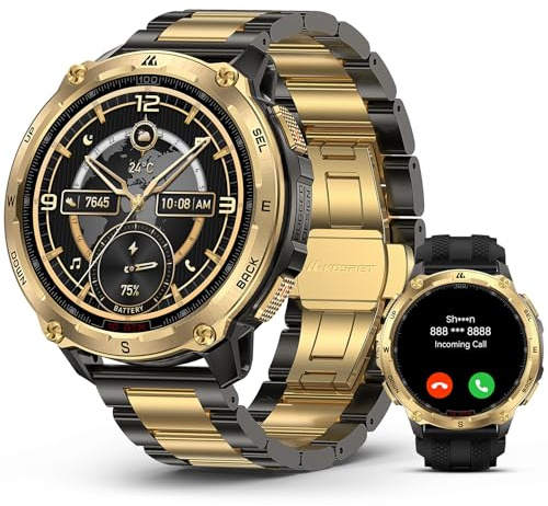 KOSPET Tank T4 Special Edition Robuste Smartwatch Herren|Dualband-GPS | 2 Armbänder, 1,43 AMOLED, Offline-Karten, Edelstahl Gold, 10ATM | IP69K, Tauchen 45 m, 180+ Sportmodi, Militär Smartwatch