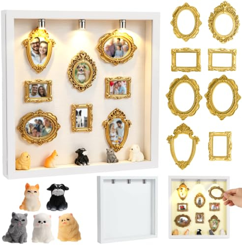 YOOULIT DIY Mini Museum Bilderrahmen Set, vintage Silhouettenbox | Mit LED‑Licht, 8 goldene Mini Bilderrahmen & 5 Mini‑Haustierfiguren, ideal für Jahrestage und Heimdekoration