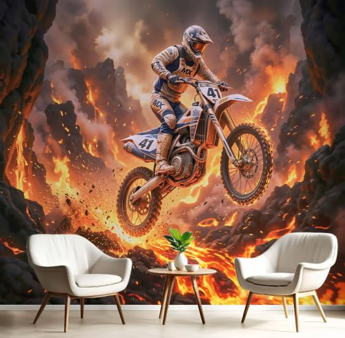 JEDTAKCT Papier Peint Panoramique Moto Fantasy Flame, Papier Peint En Soie Paysage Des Sports Extrêmes, 350 X 256 Cm Tableaux Poster Décoration Murale, Fond Tv Murale Salon Chambre, Orange