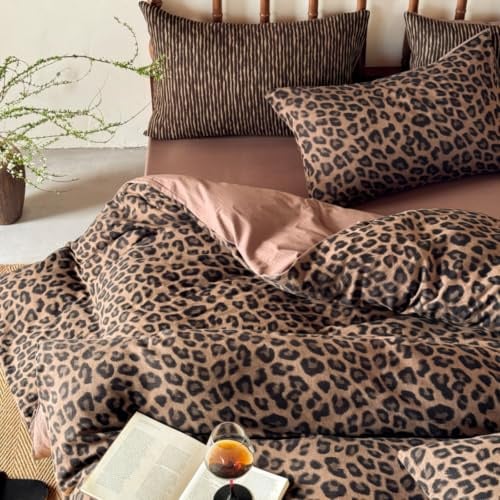 Freyamy Leopard Bettwäsche 135x200 Braun Khaki Leoparden Bettwäsche Set | Aesthetic Bettwäsche Leo, 2 teilig Vintage, Microfaser ÖKO-TEX Bettbezug mit Reißverschluss und 1 Kissenbezug 80x80cm
