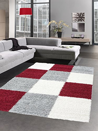 CARPETIA Shaggy Teppich Hochflor Langflor Bettvorleger Wohnzimmer Teppich Läufer Karo rot grau Creme Größe 120x170 cm