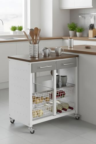 DON HIERRO Carrito de Cocina Bergen con cajones, cestas y botellero – Estructura metálica Blanca, encimera Efecto Madera Cerezo Le Gard – diseño y fabricación española