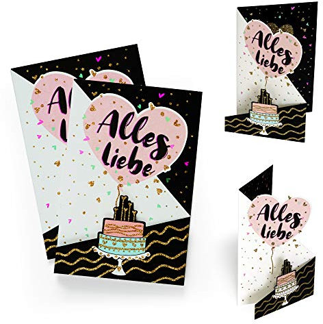Diese-Klappkarten 2er Set Geburtstagskarte mit Torte und Luftballons | Gutschein, Glückwunschkarte z. B. zu Geburtstag, Hochzeit etc., zum Aufstellen, mit Glitzer Gold, X026