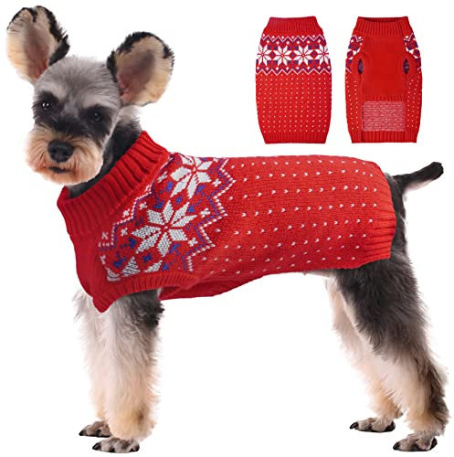 Kuoser Hundepullover kleine Hunde, Hund Katze Strickpullover Winter, Rot XS | Pullover Hund Weihnachten: Warme Strickwaren mit Schneeflocken-Muster, Rollkragen–Hundepullover & Hundepulli für den Winter