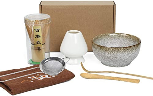 Japanese Matcha Tea Set of 7,With100 Prong Matcha Whisk, Whisk Holder,Traditional Scoop, Tea Spoon,Tea Sifter,Tea Towel and Ceramic Matcha Bowls
