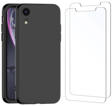 NEW'C Cover per iPhone XR in silicone custodia ultra sottile nero e 2 × vetro temperato per iPhone XR, Pellicola proteggi schermo