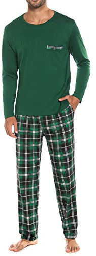 Sykooria Pyjama Hommes d'automne et d'hiver Ensemble de Chemise Manches Longues Vêtements de Nuit en Coton à Hauts et Pantalons Lâche Décontracté Confortable XXL Style_C Vert