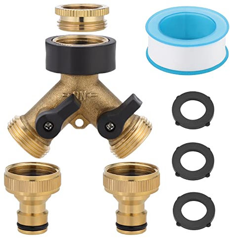 Moendergo Séparateur de Tuyau D'arrosage, Raccords de Robinet, Séparateur en Y à 2 Voies, Adaptateur de Robinet Double avec Connecteur de Robinet en Laiton de 2 x 3/4 Pouces (3 Gold)