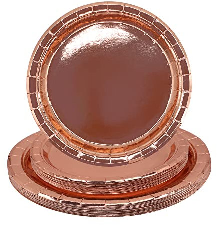 TOPWAYS Oro Rosa Platos Desechables Cumpleaños, 18cm 23cm Desechables Papel Elegantes Platos Fiesta Vajilla para Decoración Cumpleaños Niño Hombre Mujer, Bodas Aniversarios Picnics 16pcs/Tamaño