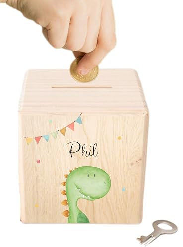 wunderwunsch - Personalisierte Spardose Kinder aus Holz mit Metallschloss - Spardose mit Namen mit kinderfreundlichem UV-Druck zum Sparen für Kinderträume