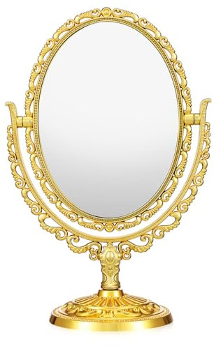 FOMIYES Schminkspiegel, ovale Form, stehender Make-up-Spiegel, goldener Vintage-Tisch-Make-up-Spiegel, doppelseitiger Drehspiegel für Schminktisch, Badezimmer, Schlafzimmer, hochauflösend (Gold)