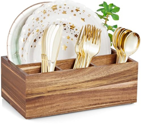 DRASTAR Paper Plate Dispenser, Acacia Utensil Caddy Organizer, Large Silverware Holder for Party, Paper Plate Organizer, Kitchen Utensil Caddy for Party Picnic Camping