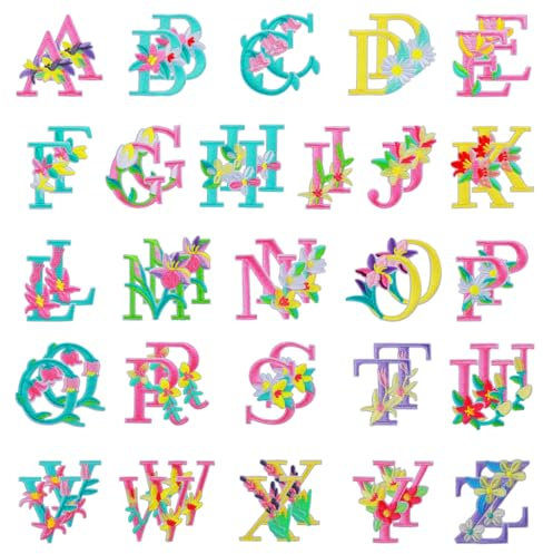 TIESOME 52 Stück Blumen Buchstaben Aufnäher zum Aufbügeln, 2 Sets florale bestickte Applikationen Aufnäher Buchstaben Aufnäher bunte Näh Reparatur Alphabet Aufnäher für Kleidung Tasche DIY Handwerk