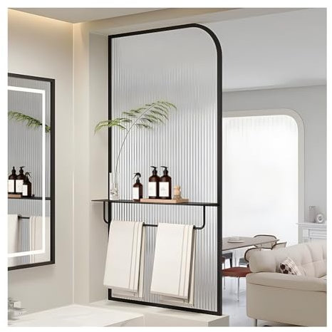 GRRICEPL Raumtrenner, Badezimmer Eingangsbereich Sichtschutzwand, Transluzenter Glas-Raumteiler, Mit Regalen, für Hotel Restaurant(Black-D,80x100 cm)