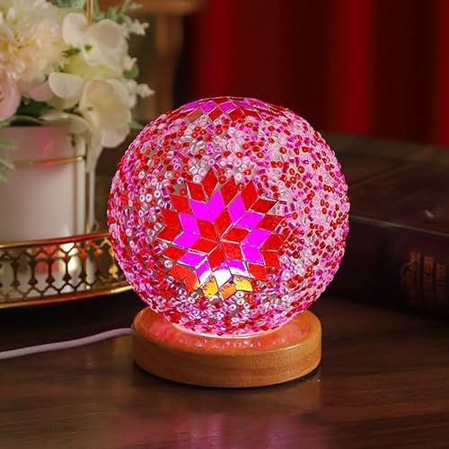 Marokko rosa Mosaiklampe Vintage Retro gefärbt türkisch marokkanisch böhmisch Tiffany Bettseite buntes handgefertigtes Glas mit Holz Basis USB Laden Dekor Licht für Schlafzimmer