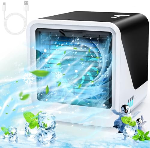 Klimaanlage Mobil, Type-C Ventilator Leise, 500 ml Wassertank, 3 Geschwindigkeiten 7 Farben Nachtlicht, Mini klimagerät ohne Abluftschlauch, Luftkühler Geeignet für Schlafzimmer, Büro
