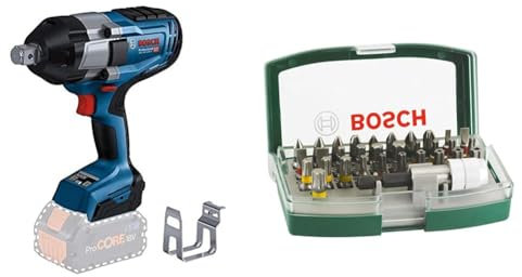 Bosch Professional BITURBO Cordless Impact Wrench GDS 18V-1050 H (1050 Nm Tightening Torque, 1,700 Nm Breakaway Torque, Without Battery/Charger) + 32pc. Screwdriver Bit Set