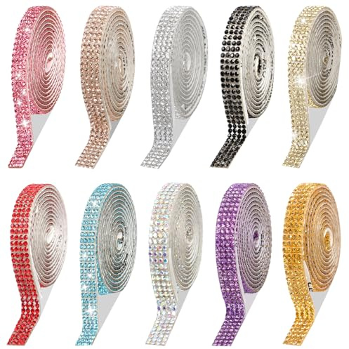 ZXTGBQ Selbstklebende Kristall Strass Set, 10 RollenKristall Strassband Selbstklebende, DIY Strassband Aufkleber, Strasssteine zum Kleben für DIY-Basteln, Hochzeit, Party Dekorationen (0,9 cm Breite)