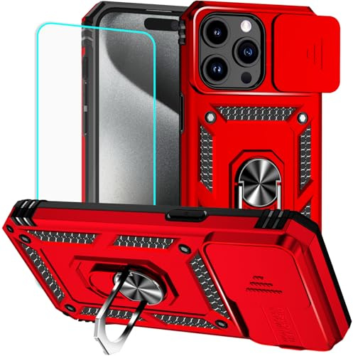 Yiakeng for iPhone 15 Pro Max Case with Screen Protector: [Military Grade 20ft. Drop Tested] Slide Camera Cover Ring Shockproof Protective Phone Case for - iPhone 15 Pro Max (Red)