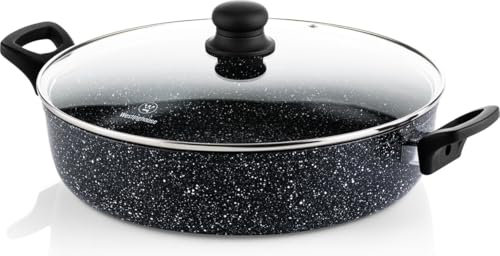 Westinghouse Schmorpfanne 32cm mit Glasdeckel, 3-lagige Marmor-Antihaftbeschichtung, aus geschmiedetem Aluminium, Induktionsgeeignet, Griffe mit Silikonbeschichtung, Spülmaschinenfest,schwarz(WHT132)