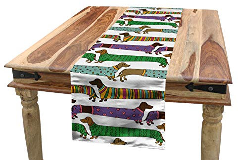 ABAKUHAUS Hundeliebhaber Tischläufer, Dackel in Kleidung, Esszimmer Küche Rechteckiger Dekorativer Tischläufer, 40 x 225 cm, Weiß Braun Grün