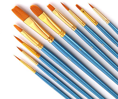 Bougimal 10 Stück Pinsel Set, Premium Nylon Acrylpinsel Mit Birkenholz Langem Griff für Ölgemälde, Aquarell, Gesichtsmalen, Nägel Perfekt für Anfänger, Künstler