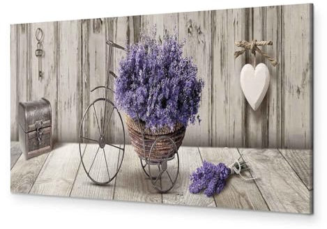murando - Wandbilder XXL Blumen 150x50 cm 1 tlg - Wand Deko Vlies Leinwand Bilder Groß Wanddeko Wohnzimmer Schlafzimmer Kunstdrucke Panoramabild - Lavendel Holzoptik Fahrrad Herz