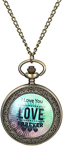 JewelryWe Taschenuhr Herren Damen Kette: Vintage I Love You Forever Kettenuhr Analog Quarz Uhr mit Halskette Geschenk Bronze