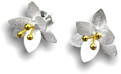 MadamLili - Silber Ohrstecker 3D Blumen - 925 Sterling - Bicolor Staubblätter Vergoldet - 1,5 cm Klein - Blüten Naturschmuck - Handgefertigt Matt - Exklusive Schmuckbox
