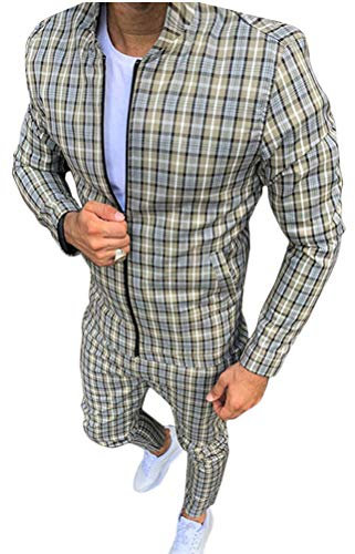 Minetom Herren Jogginganzug Sportanzug Männer Trainingsanzug Fitness Sporthose Und Trainingsjacke Zip Plaid Bedruckter Sportswear A Khaki L