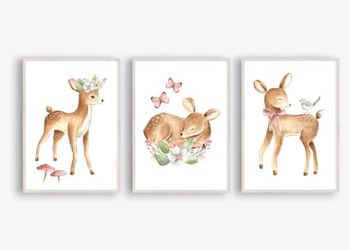 Din A4 Kunstdruck 3er Set ohne Rahmen - Reh - Süße Rehe - Kinderzimmer Babyzimmer Mädchen Rosa Waldtier - Aquarell Druck Poster Bild