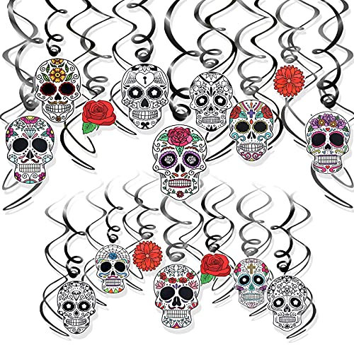 HOWAF Halloween Dekoration Tag der Toten Hängedeko wirbelt, 30 Stück Mexiko Totenkopf Deckenhänger Spiral Girlande für Dia de los Muertos deko, Halloween, mexikanische, Horror-Party, Mottopartys