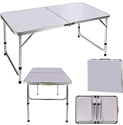 Aluminium-Klapptisch, 91 cm, robust, zusammenklappbar, mit Tragegriff, 2 Stufen höhenverstellbar, tragbarer Outdoor-Tisch für drinnen und Buffet, Garten, Party, Picknick, weiß