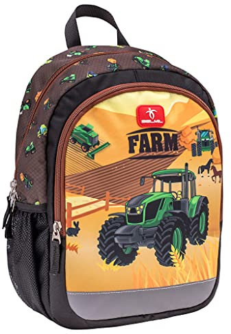 Belmil Kindergartenrucksack mit Brustgurt und Namensschild für 3-6 Jährige/Jungen / 12 L/Krippenrucksack Kindergartentasche Kindertasche/Traktor/Braun, Gelb (305-4/A Farm)