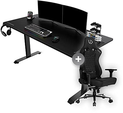 ULTRADESK Momentum Computertisch Gaming-Schreibtisch 152,5x70 cm + Throne Gaming-Tisch Gamingstuhl XXL Mauspad Handyständer Getränkehalter Stahlkonstruktion mit Verstärkungen Schwarz