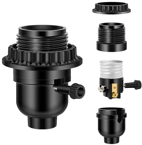 UL Listed E26 Light Socket, Threaded Lamp Socket Replacement with ON/Off Switch Medium Base Lamp Parts with Lamp Shade Ring Ring for Table lamp, Floor lamp, Light Fixture, Black 1-Pack