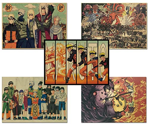 ZPPLD Naruto Anime Manga Poster Set 5 Stück - Großes Wandbild, Vintage Kraftpapier Heimdekoration, Gerollt in Stabilem Umkarton, 51 x 36 cm
