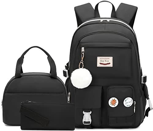 Hey Yoo Mochila escolar para niñas, mochila con lonchera para adolescentes, juego de mochila para niñas adolescentes (negro)