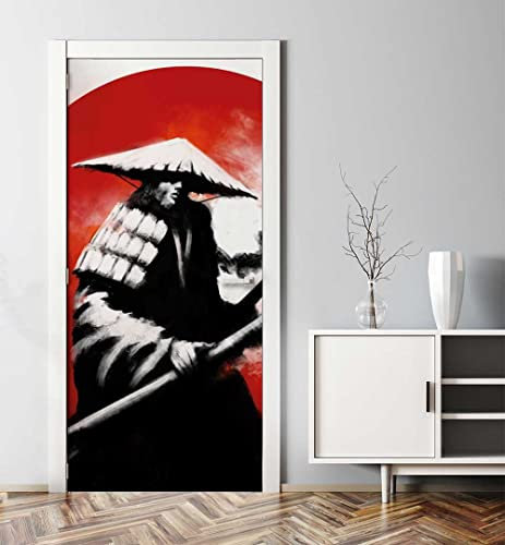 MyMaxxi - Tür bekleben mit Türtapete Türposter Türfolie Selbstklebend 90x200 Japanischer Kämpfer - Tür verschönern Türaufkleber Türklebefolie Mond Asiatisch Krieger rot