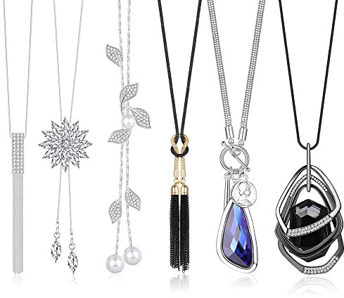 Dochais 6 Stück Modeschmuck Kette Lang, Ketten Set, Lange Kette Damen, Modeschmuck, Statement Kette, Kette Schwarz Damen, Crystal Necklace, Malachit Perlenkette Lang, Boho Kette (6 Stück, B)