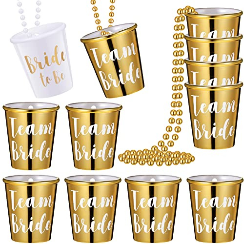 Maitys 12 Pcs Bachelorette Shot Glasses Necklaces, White, Gold | 11 Team Bride & 1 Bride Plastic Shot Cups, Lightweight Hen Party Favor, Bridal Shower Decorations & Bridesmaid Gift