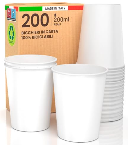 Lot de 200 gobelets en papier blanc 200 ml écologiques biodégradables jetables fabriqués en Italie pour emporter des boissons chaudes à l'eau – Produit et emballé en Italie