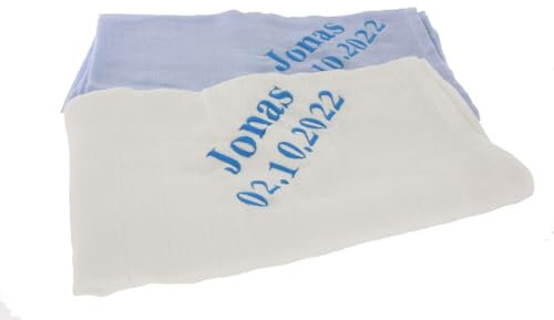 2er Set Spucktuch, Schmusetuch, Mullwindel, Musselin bestickt mit Namen und Geburtsdatum - Bio-Baumwolle, Farbe:blau/weiß